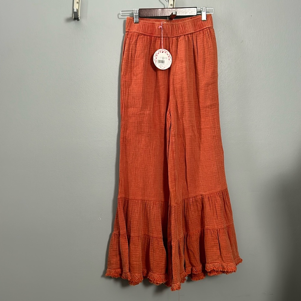 Umgee Orange Rust Wide Leg Ruffle Layered Hem Pants size M